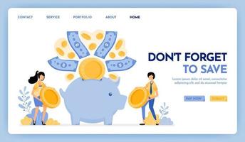 Illustration of don't forget to save. People hold coins to put in savings, financial and investment. Money flew into piggy bank. Design concept for banner, landing page, web, website, poster, ui ux vector