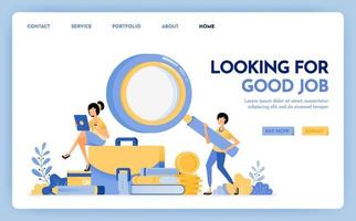 Illustration of apply for job. Jobseeker holds a magnifying glass to find work. Young women sit on briefcases stacks of stationery. Design concept for banner, landing page, web, website, poster, ui ux vector