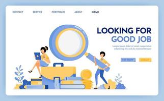 Illustration of apply for job. Jobseeker holds a magnifying glass to find work. Young women sit on briefcases stacks of stationery. Design concept for banner, landing page, web, website, poster, ui ux vector