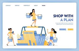 Ilustración de compras con plan. mujeres cargando bolsas y listas para la compra. gasto mensual en compras en comercio electrónico o comestibles. concepto de diseño para banner, página de destino, web, sitio web, póster, interfaz de usuario vector