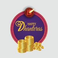 feliz celebración de dhanteras tarjeta de felicitación con vector creativo moneda de oro y flor de guirnalda