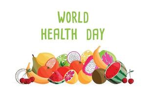 Plantilla de póster horizontal del día mundial de la salud con colección de frutas orgánicas frescas. colorida ilustración dibujada a mano sobre fondo blanco. comida vegetariana y vegana. vector