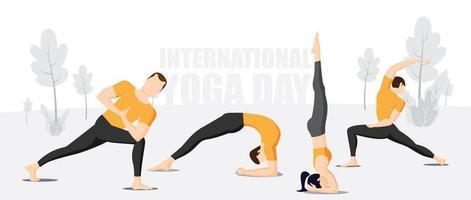 Group practicing yoga on international yoga day vector