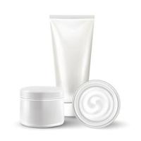 3d realistic isolated vector mockup of white cosmetics, tube and jar, toothpaste, cream
