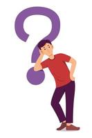 Man is Leaning Against a Big Question Mark Symbol and Think a Question. vector