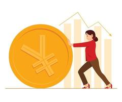 Worker Woman Pushes a Big Coin of Chinese Yuan Currency and Bar Charts on Background. vector