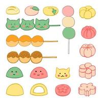 Hand drawn Japanese desserts, sweets, dango, mochi, wagashi. Vector color illustration on a white background.