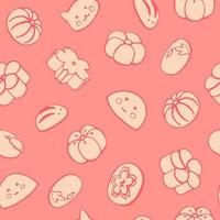 Seamless pattern with  Japanese desserts, sweets, mochi, wagashi. Hand drawn vector illustration in sketch style. Perfect for greetings, invitations, manufacture wrapping paper, textile and web design.