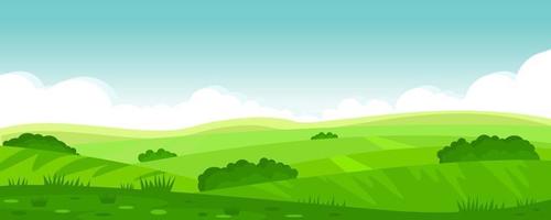 ilustración vectorial del hermoso paisaje de campos de verano, colinas verdes, cielo azul de color brillante, país. fondo en estilo de dibujos animados plana, banner. vector