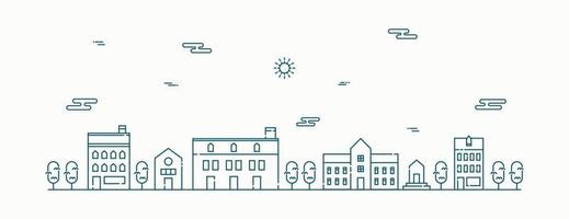 Vector landscape with houses, building, tree, sky. Suburban landscape. Flat line art design vector.