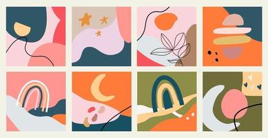 Big Set of eight abstract backgrounds and Pastel colors. Hand drawn various shapes and doodle objects. Vector illustrations.