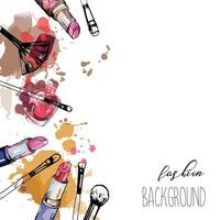 Cosmetics and fashion background. Make up artist objects. Lipstick, nail polish, brush. With place for your text. vector