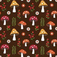 seamless woodland mushroom pattern with flowers and berries vector