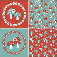 blue red seamless mushroom patterns with flower frames vector