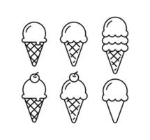 Ice cream cone doodle set. Waffle cone outline isolated. vector