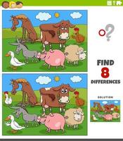 juego educativo de diferencias con animales de granja de dibujos animados vector