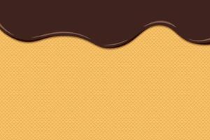 Chocolate ice cream melt and flow on toasted waffle surface. Glazed wafer texture sweet cake background. Vector flat eps illustration