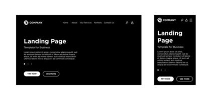 Landing page blank template desktop PC and mobile adaptive version. Site layout black background. Vector design for business corporate website or app. EPS 10