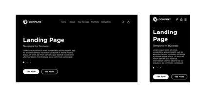 Landing page blank template desktop PC and mobile adaptive version. Site layout black background. Vector design for business corporate website or app. EPS 10