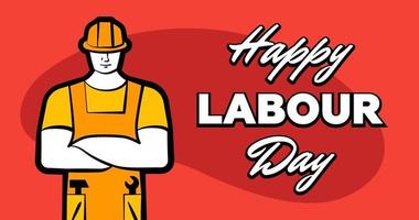 Worker man in yellow construction helmet and inscription Happy labour day. 1 may greeting card. Vector illustration for poster, banner, ad, promotion, flier, blog, article, social media, marketing