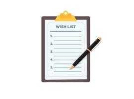 Clipboard with blank wish list and pen. Wishlist form paper flat eps vector illustration sign