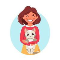 Cute girl holding a cat in her hands vector