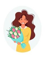 Woman with bouquet of flowers. Womens Day, Mothers Day. Vector illustration.