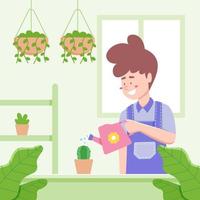 Man Watering Plant at Home Design vector