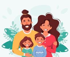 Happy family with son and daughter. Parents hugging children. Vector illustration