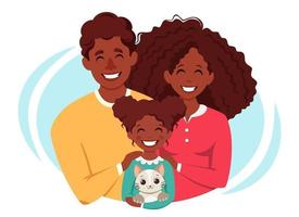 feliz familia afroamericana con hija y gato. dia internacional de las familias. ilustración vectorial vector