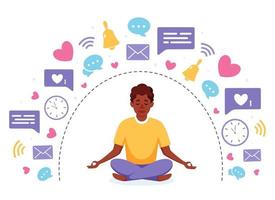 Digital detox and meditation. Afro american man meditating in lotus pose. Vector illustration.