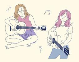 una mujer tocando una guitarra acústica. ilustraciones de diseño de vectores de estilo dibujado a mano.