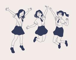 A girl wearing a school uniform is jumping with excitement. hand drawn style vector design illustrations.