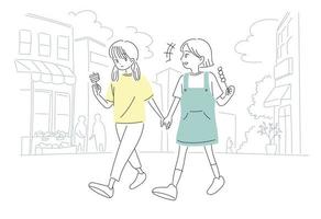 Cute girls are eating snacks on the street. hand drawn style vector design illustrations.
