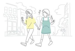 Cute girls are eating snacks on the street. hand drawn style vector design illustrations.