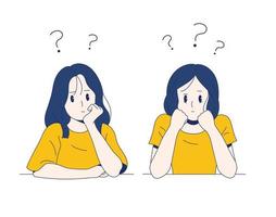 The girls are sitting with their chins thinking. hand drawn style vector design illustrations.