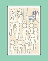 Characters waiting for their turn in front of the only toilet. hand drawn style vector design illustrations.