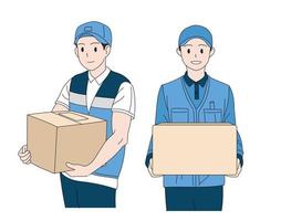 A deliveryman holding a courier box. hand drawn style vector design illustrations.