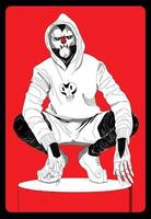 A man in a mask and hood sits in a cool pose. hand drawn style vector design illustrations.