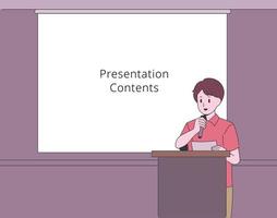 A man is giving a presentation. hand drawn style vector design illustrations.