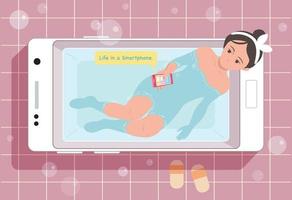 A girl is playing a cell phone while soaking in a cell phone-shaped bathtub. hand drawn style vector design illustrations.