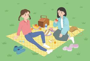 Two friends are having a picnic in the park. hand drawn style vector design illustrations.