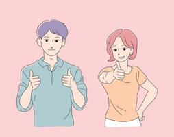 el hombre y la mujer están levantando sus pulgares y alabando. ilustraciones de diseño de vectores de estilo dibujado a mano.