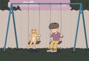 The boy is riding on a swing with a sad expression, and a cat is riding on a swing together. hand drawn style vector design illustrations.