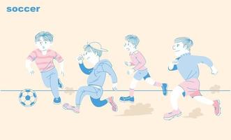 The boys are playing soccer together. hand drawn style vector design illustrations.