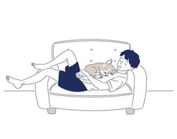 A boy is sleeping on the couch with his dog on his stomach. hand drawn style vector design illustrations.