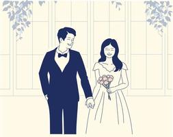 Groom and bride characters. hand drawn style vector design illustrations.