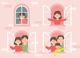 A window showing the process of a woman making a family. hand drawn style vector design illustrations.