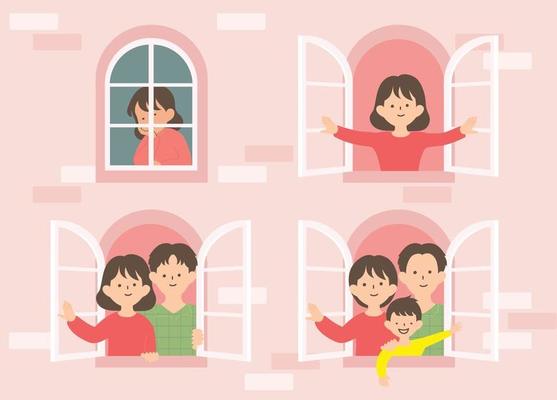 A window showing the process of a woman making a family. hand drawn style vector design illustrations.
