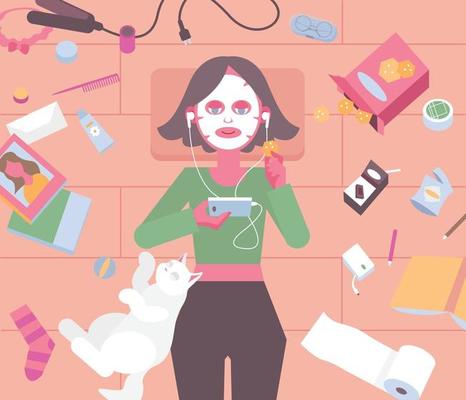 A girl is lying in a messy room, wearing a mask pack and listening to music. hand drawn style vector design illustrations.